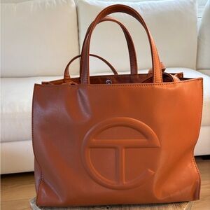 Telfar Leather Tote Bag in Brown with Embossed Logo